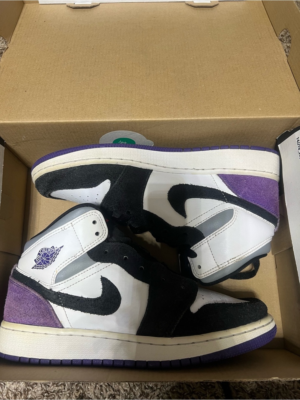 Jordan High-Top Sneakers in White, Black & Purple